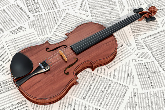 Violin on the musical notes, 3D rendering