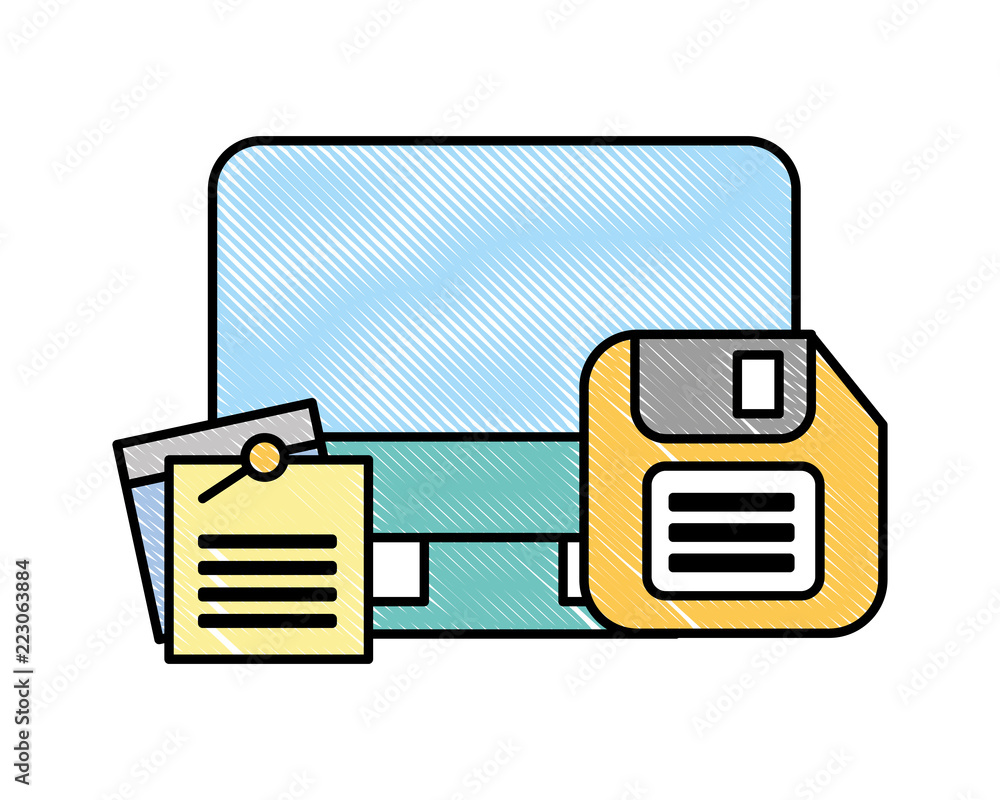 Poster computer floppy disk and notes memo office