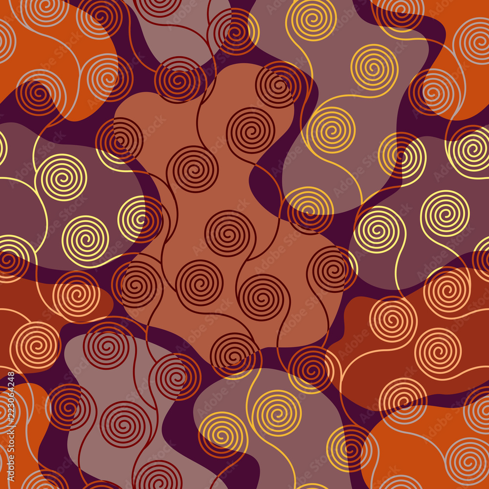 Poster seamless brown patchwork pattern. curly waves pattern in art nouveau style. vector illustration.