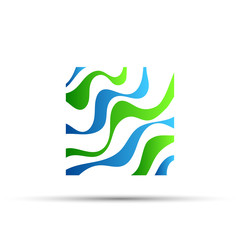Square logo with curved green and blue lines
