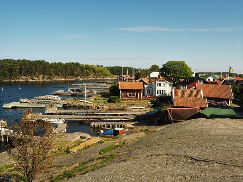 View over jetties and houses on Sandhamn island in the Stockholm Archipelago, Sweden
