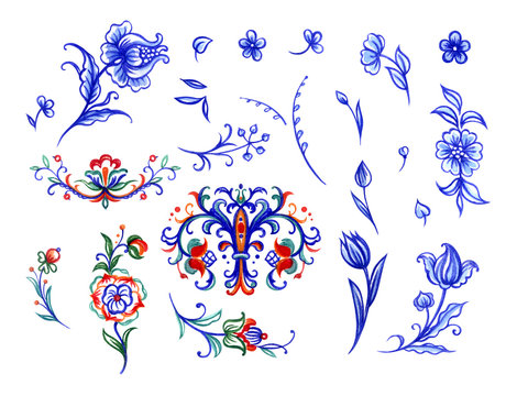 Set of patterns in a traditional folk style, watercolor drawing on a white background, isolated.