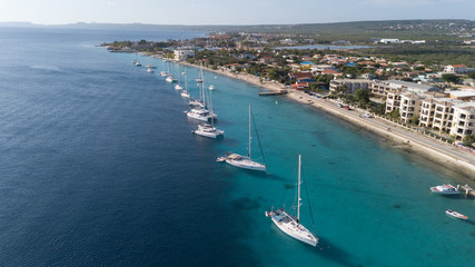 Fototapeta premium caribbean boat yacht harbor Bonaire island aerial drone top view