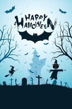 Halloween Funny Background with Bat and Haunted House.