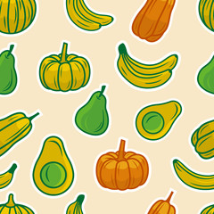 fruits seamless pattern vector illustration with banana, avocado, pears and pumpkin