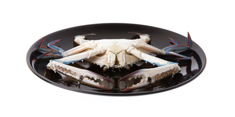 raw crab on a black plate isolated on white background.