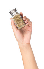 hand holding Bottle of  thyme seasoning isolated on white background