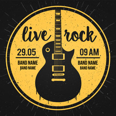 Fototapeta premium Vector Illustration poster for a live rock music festival with guitar and inscription in retro style. Template for flyers, banners, invitations, brochures and covers.