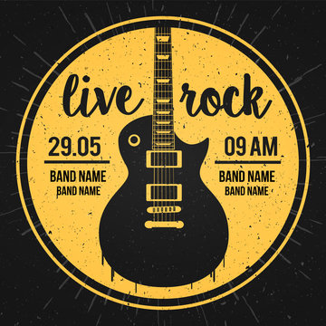 Vector Illustration poster for a live rock music festival with guitar and inscription in retro style. Template for flyers, banners, invitations, brochures and covers.