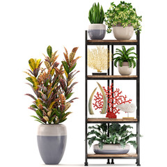 shelf with the decor of figurines and plants