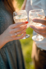 Man and woman clinking glasses with white sparkling wine in toast on engagement day in the park on sunny summer day.