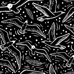 Black and white seamless hand drawn background with flying Sea Bird and Seagull Vector Illustration