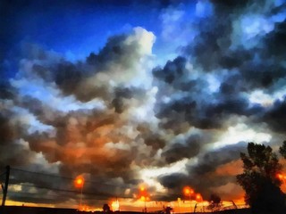 Hand drawing watercolor art on canvas. Artistic big print. Original modern painting. Acrylic dry brush background. Beautiful evening landscape. Orange susnet with dark sky.