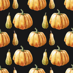 Watercolor seamless pattern with pumpkin on the black background. Watercolor vegetables. Template for card, wallpaper, poster, banner, menu