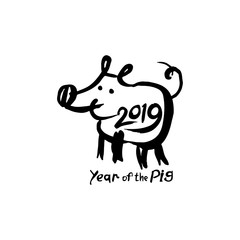 Year of the Pig 2019. Funny hand drawn illustration with a cartoon piglet and handwritten inscription. Vector template New Year's design on the Chinese calendar. 
