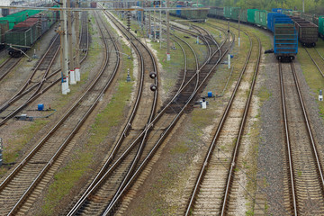 The railway junction on a cloudy day. Natural light. Landscape