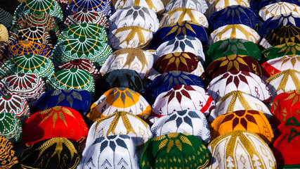 Knitted Moroccan hats on display for sale in Marrakesh, Morocco