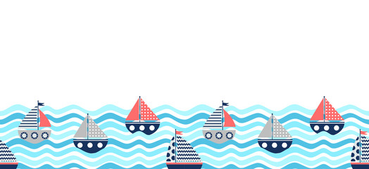 Vector seamless horizontal border with red and blue boats and waves for summer backgrounds and brochures