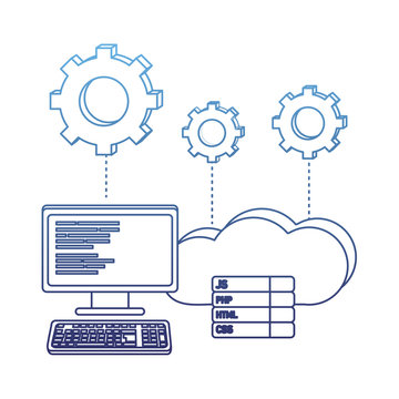 degraded outline computer programming code and cloud data with gears
