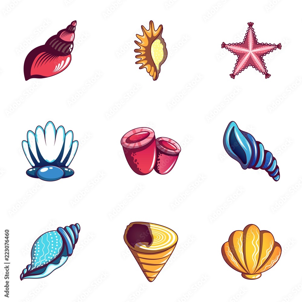 Poster seashell icons set. cartoon set of 9 seashell vector icons for web isolated on white background