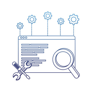 degraded outline website code program and magnifying glass with equipments