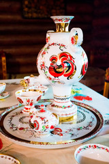 decorated russian traditional samovar, russian national tea ceremony