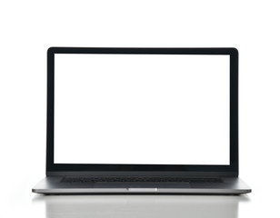 New laptop computer display with keyboard and blank white screen isolated on a white 
