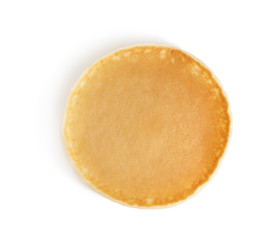 Fresh tasty pancake on white background, top view