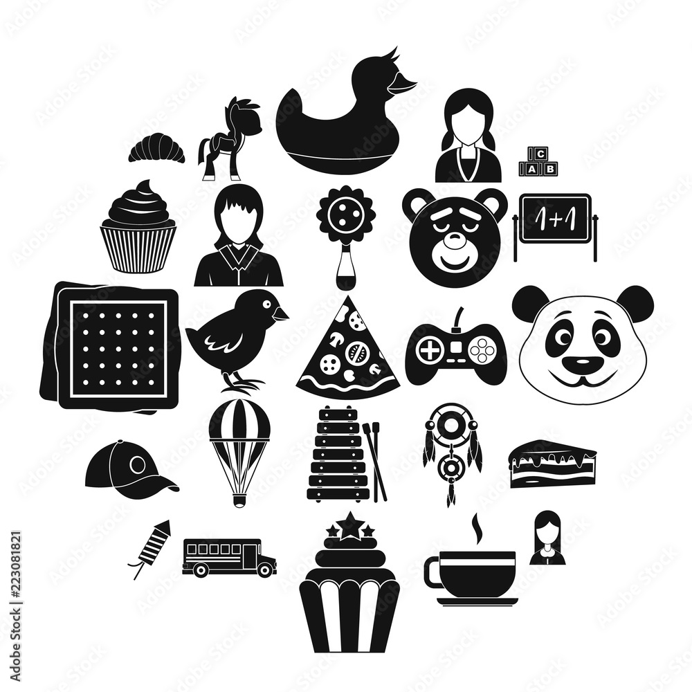 Poster kid center icons set. simple set of 25 kid center vector icons for web isolated on white background