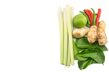 Closeup of Thai ingredients, galangal, lime, lemongrass,lemon, chilli and lime leaves for tom yum food, Thai food popular