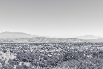 Black and white California suburbs on clear day