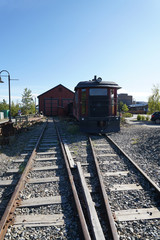Fototapeta na wymiar Whitehorse,Canada-September 10, 2018: Waterfront trolley rail track in Whitehorse