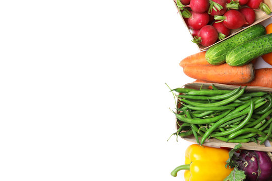 Assortment of fresh vegetables on white background, top view. Space for text