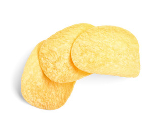 Tasty crispy potato chips on white background