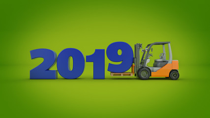 Modern forklift truck, 2019 New Year sign. 3d rendering.