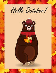 Fototapeta premium Hello october postcard with cute bear in hat and scarf holding fallen leaves