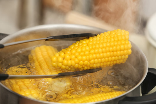 Taking corn cob from stewpot with boiling water, closeup