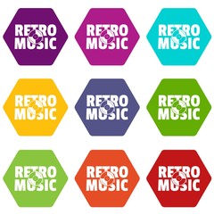 Festival retro music icons 9 set coloful isolated on white for web