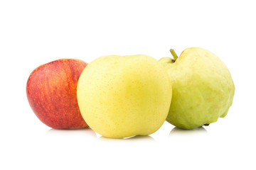 fruit traffic light concept. apple red. chinese pear yellow. guava green. isolated on white background