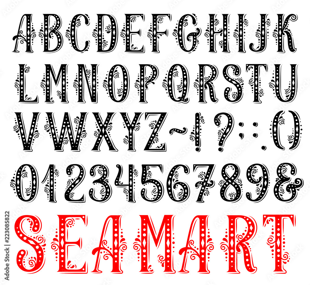 Poster retro font with floral letters and numbers