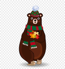 Cute autumn bear in green knitted scarf and hat holding maple leaves isolated clip art.