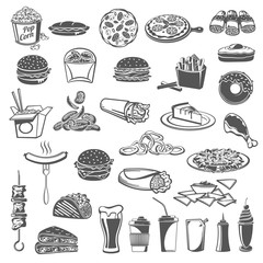 Fast food meal icons with snacks