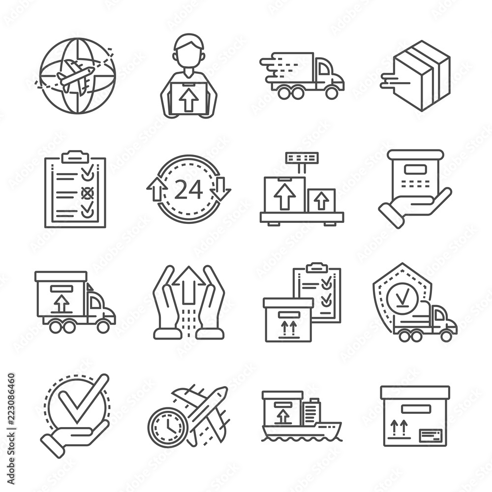 Poster parcel dellivery icon set. outline set of parcel dellivery vector icons for web design isolated on w
