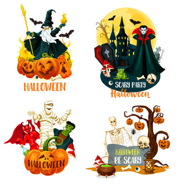 Halloween characters, scary monsters and villains