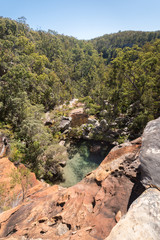 Fototapeta na wymiar View from the top of the virtually dry waterfall at the top of Rainbow Waters (Gudda Gumoo) gorge in Blackdown Tableland National Park, Queensland, Australia.