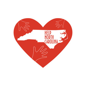 Helping Hands, Heart, North Carolina Map. Support For Volunteer, Charity Or Relief Work After Hurricane Florence.