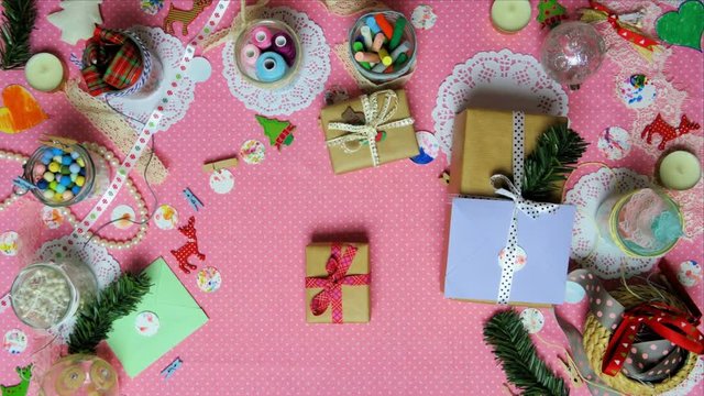 Top view stop motion on the theme of holiday with text Bonne Annee