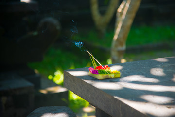 Indonesian offerings to the hindu god in Bali, Indonesia. Bali is an Indonesian island and known as a tourist destination.