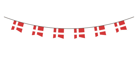 Fototapeta premium Bunting decoration in colors of Denmark flag. Garland, pennants on a rope for party, carnival, festival, celebration. For National Day of Denmark on August&nbsp;18