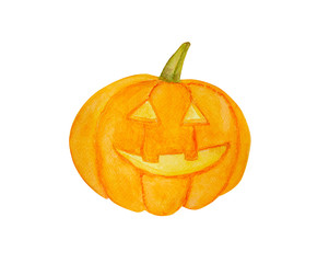 Watercolor hand painting Jack O'Lantern isolated on white background, design for happy holiday celebration in Halloween day.